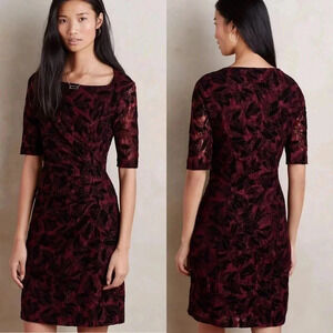 Anthropologie Maeve Lace Elorn Sheath Black/ Burgundy  Dress Size 2
